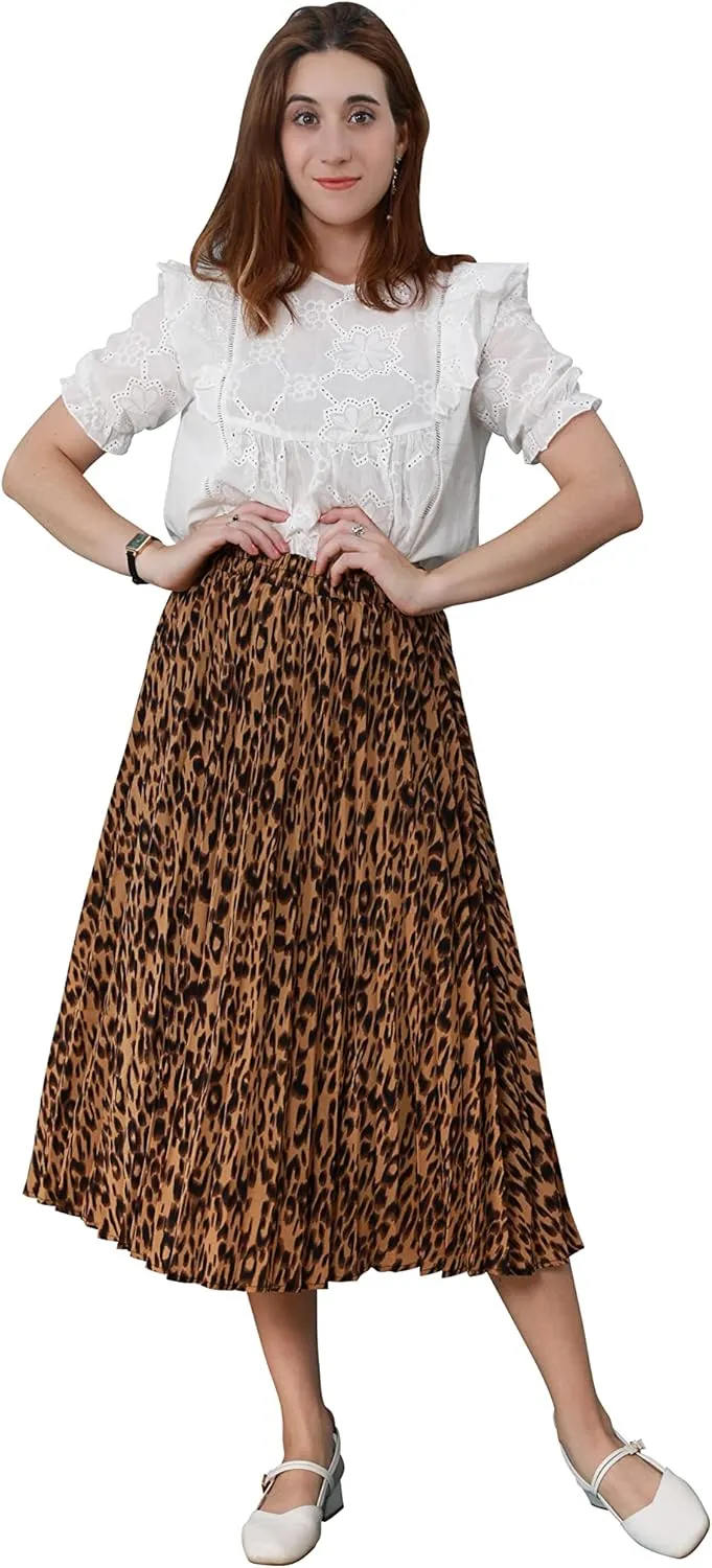 CHARTOU Womens Chic Elastic High Waisted A Line Leopard Print Pleated Shirring Midi-Long Skirt