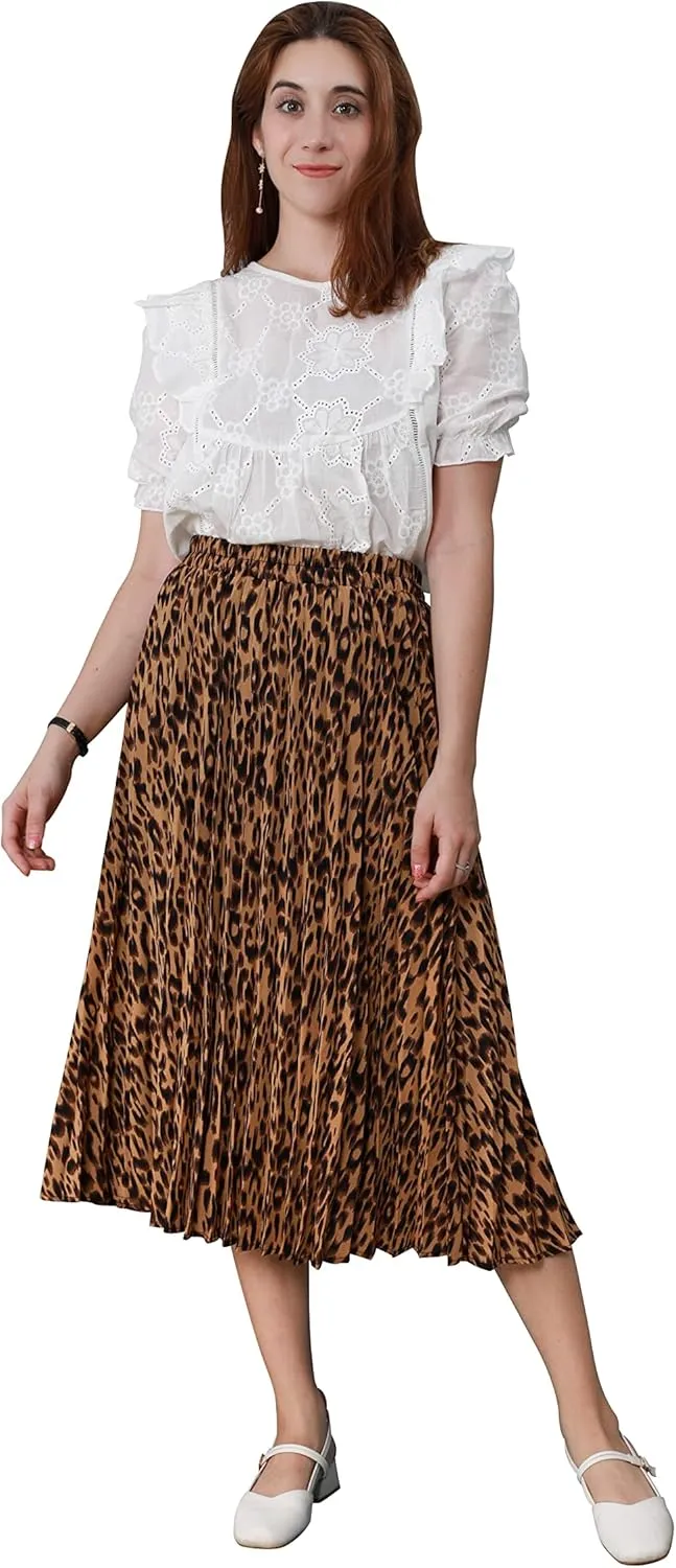 CHARTOU Womens Chic Elastic High Waisted A Line Leopard Print Pleated Shirring Midi-Long Skirt