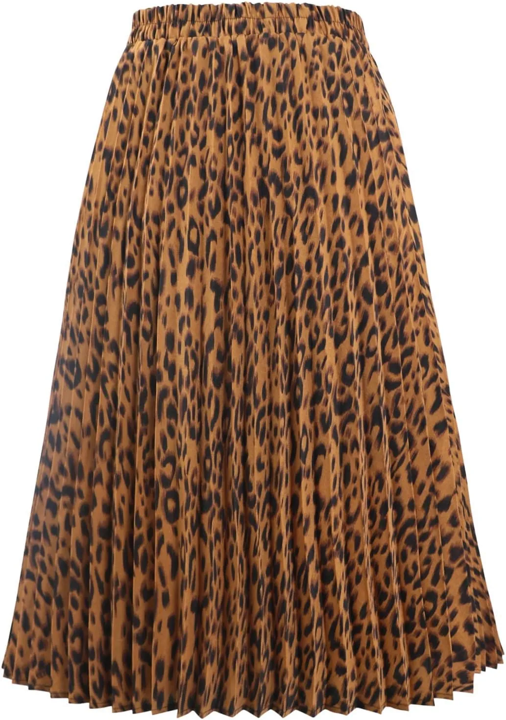 CHARTOU Womens Chic Elastic High Waisted A Line Leopard Print Pleated Shirring Midi-Long Skirt