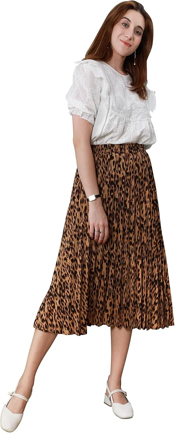 CHARTOU Womens Chic Elastic High Waisted A Line Leopard Print Pleated Shirring Midi-Long Skirt