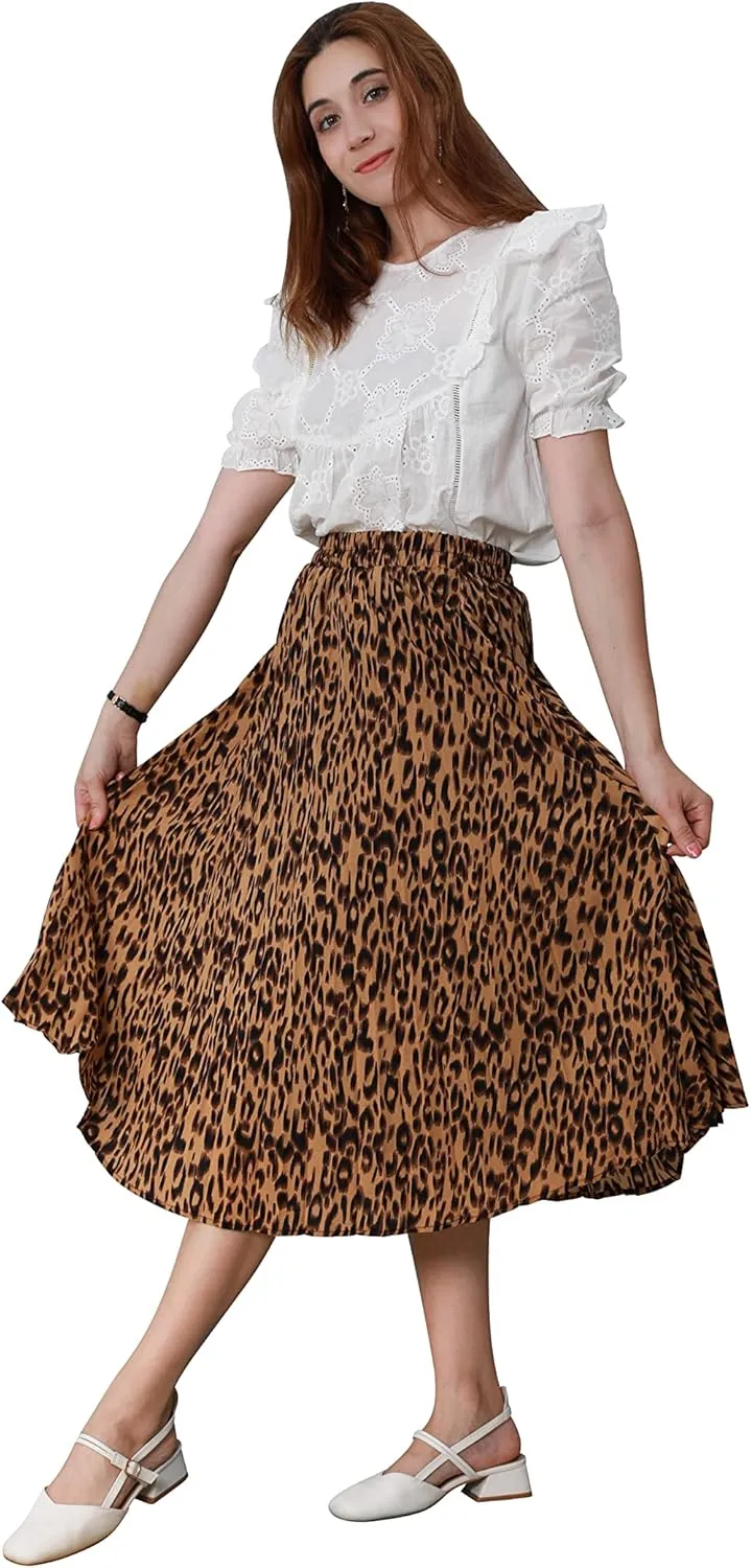 CHARTOU Womens Chic Elastic High Waisted A Line Leopard Print Pleated Shirring Midi-Long Skirt