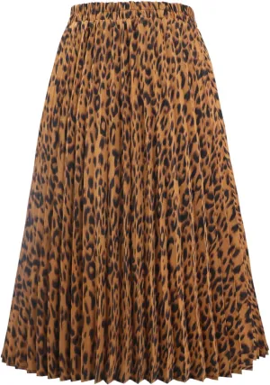 CHARTOU Womens Chic Elastic High Waisted A Line Leopard Print Pleated Shirring Midi-Long Skirt