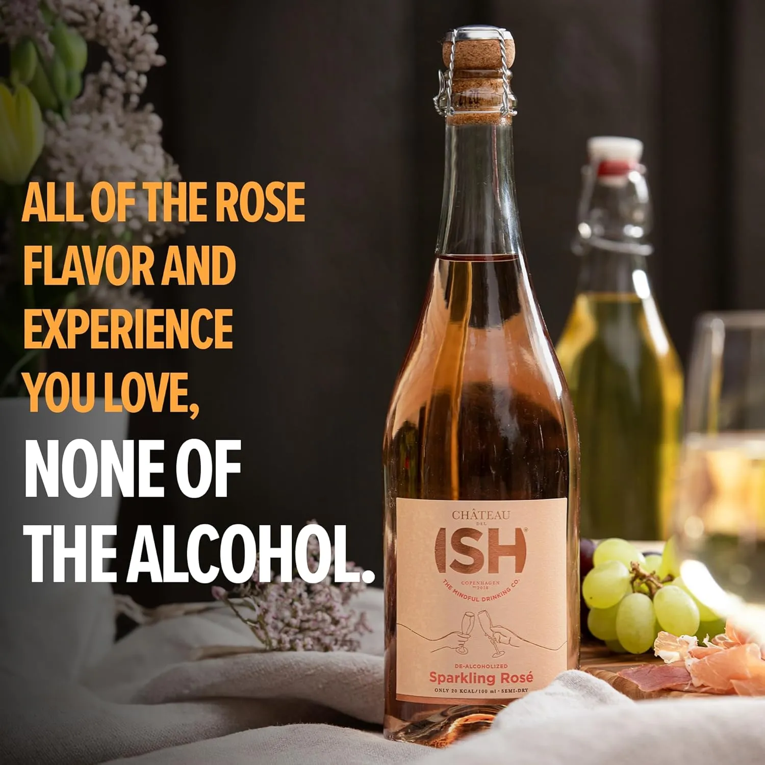 Chateau del ISH Sparkling Non Alcoholic Rose, Award Winning Non-Alcoholic Spirits, Gluten Free, Low Calorie, Zero Proof, Alcohol Free Wine with Dealcoholized Pinot Noir & Merlot Grapes, 750 ml Bottle