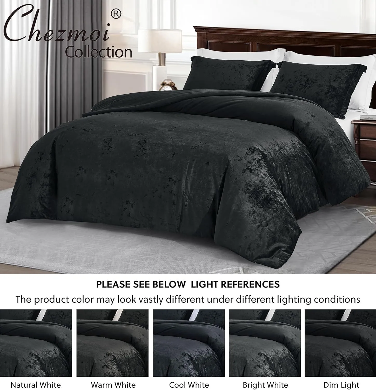 Chezmoi Collection Lux 3-Piece Black Velvet Comforter Set Queen Size, All Season Lush Plush Velvet Bedding Set with Soft Washed Microfiber Reverse