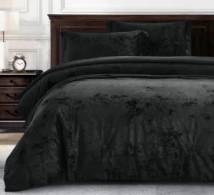 Chezmoi Collection Lux 3-Piece Black Velvet Comforter Set Queen Size, All Season Lush Plush Velvet Bedding Set with Soft Washed Microfiber Reverse