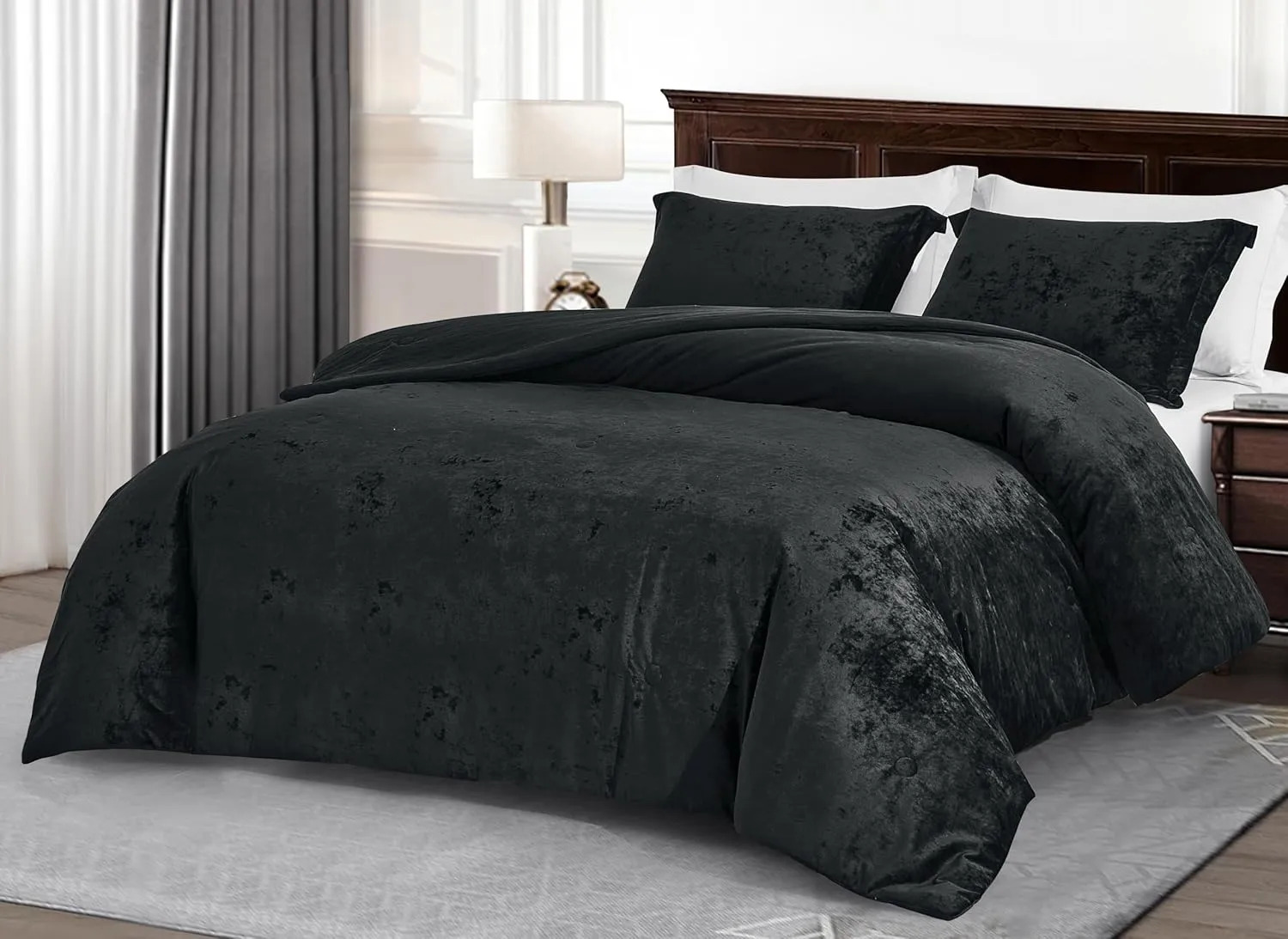 Chezmoi Collection Lux 3-Piece Black Velvet Comforter Set Queen Size, All Season Lush Plush Velvet Bedding Set with Soft Washed Microfiber Reverse