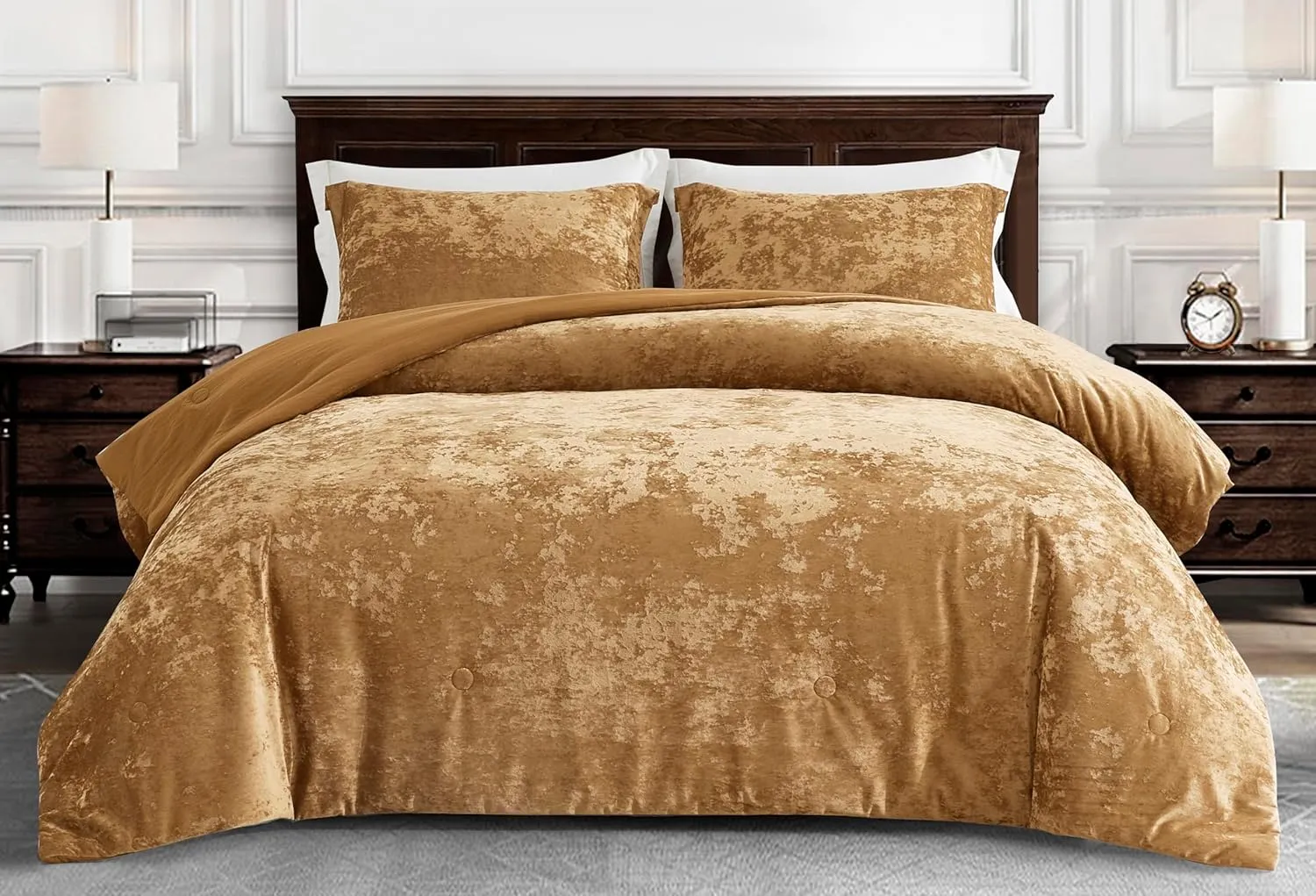 Chezmoi Collection Lux 3-Piece Caramel Gold Velvet Comforter Set Queen Size, All Season Lush Plush Velvet Bedding Set with Soft Washed Microfiber Reverse