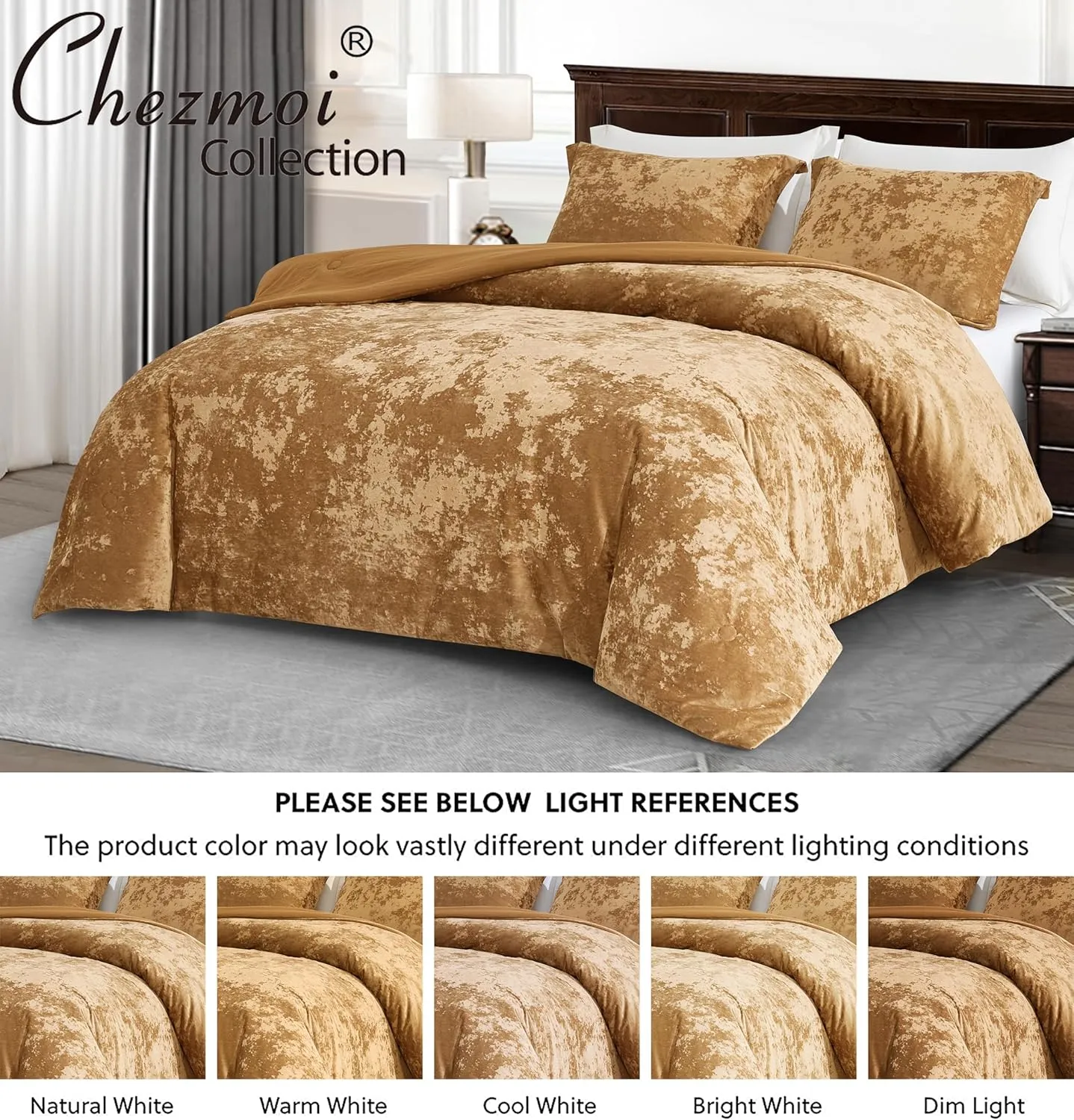 Chezmoi Collection Lux 3-Piece Caramel Gold Velvet Comforter Set Queen Size, All Season Lush Plush Velvet Bedding Set with Soft Washed Microfiber Reverse