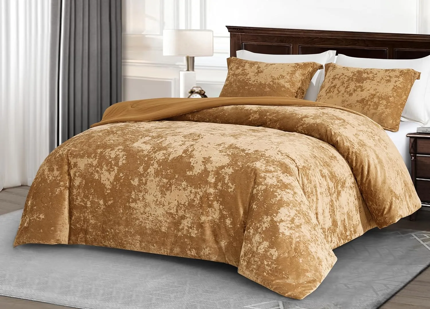 Chezmoi Collection Lux 3-Piece Caramel Gold Velvet Comforter Set Queen Size, All Season Lush Plush Velvet Bedding Set with Soft Washed Microfiber Reverse