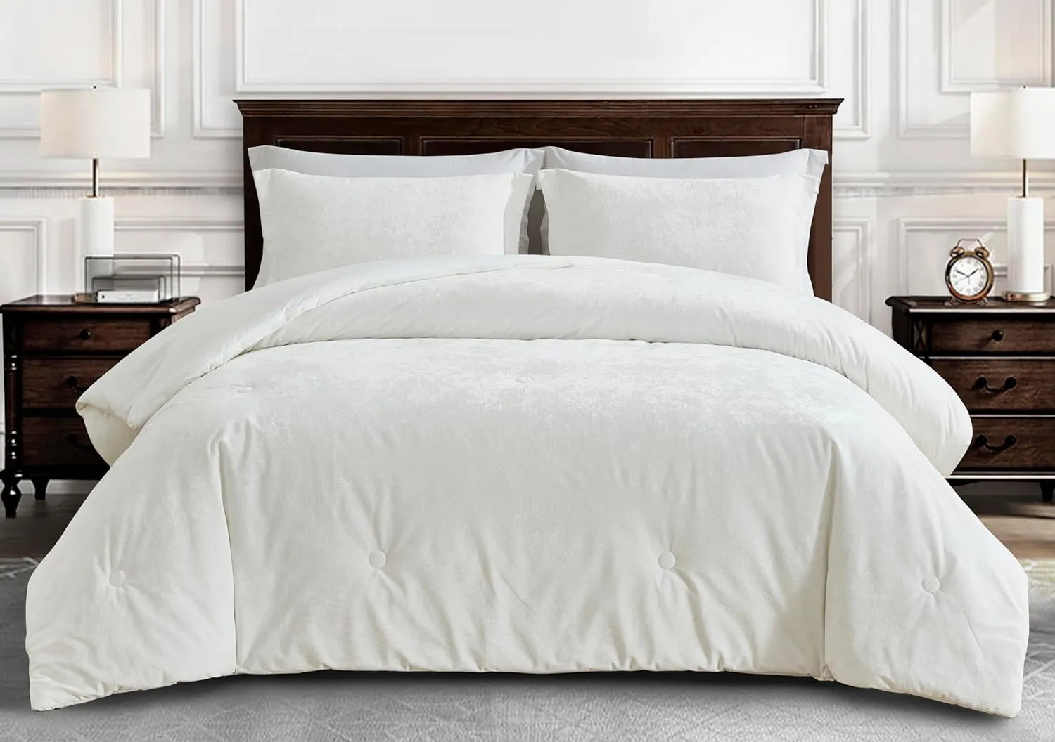Chezmoi Collection Lux 3-Piece Cream White Velvet Comforter Set Queen Size, All Season Lush Plush Velvet Bedding Set with Soft Washed Microfiber Reverse