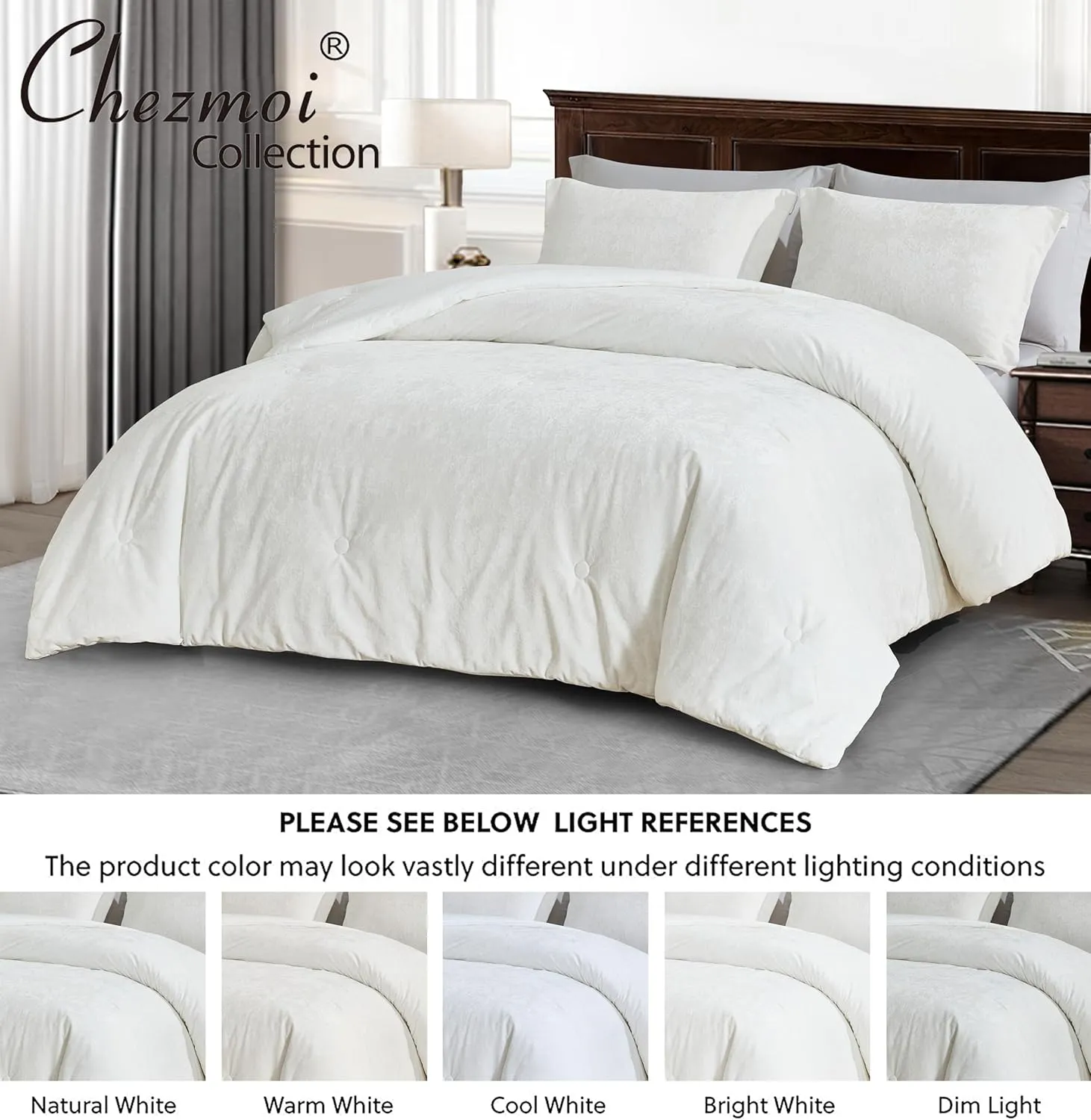Chezmoi Collection Lux 3-Piece Cream White Velvet Comforter Set Queen Size, All Season Lush Plush Velvet Bedding Set with Soft Washed Microfiber Reverse