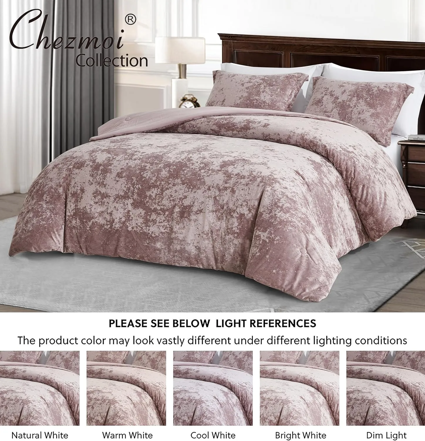 Chezmoi Collection Lux 3-Piece Dusty Pink Velvet Comforter Set Queen Size, All Season Lush Plush Velvet Bedding Set with Soft Washed Microfiber Reverse