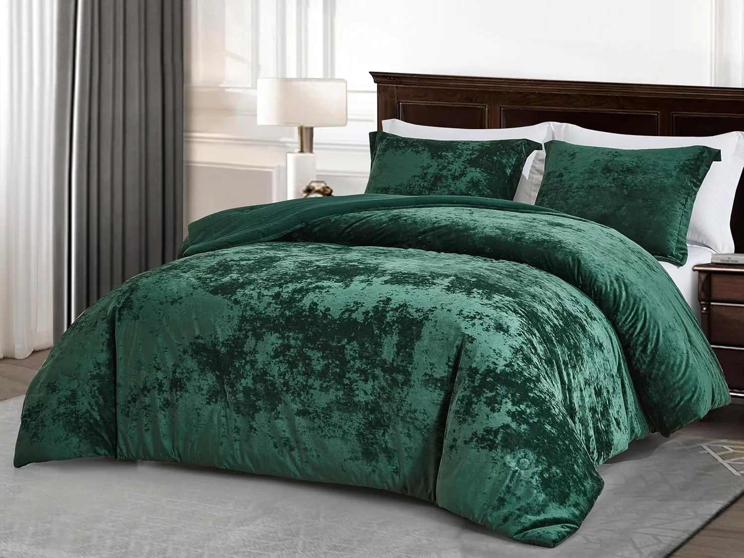 Chezmoi Collection Lux 3-Piece Forest Green Velvet Comforter Set Queen Size, All Season Lush Plush Velvet Bedding Set with Soft Washed Microfiber Reverse