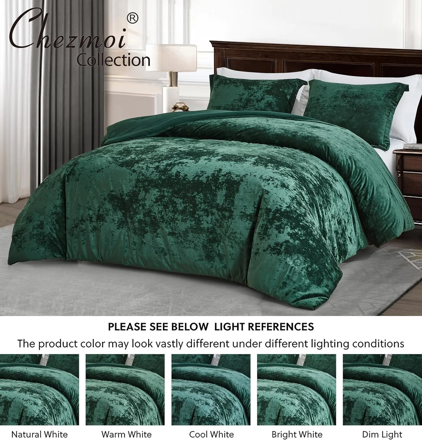 Chezmoi Collection Lux 3-Piece Forest Green Velvet Comforter Set Queen Size, All Season Lush Plush Velvet Bedding Set with Soft Washed Microfiber Reverse
