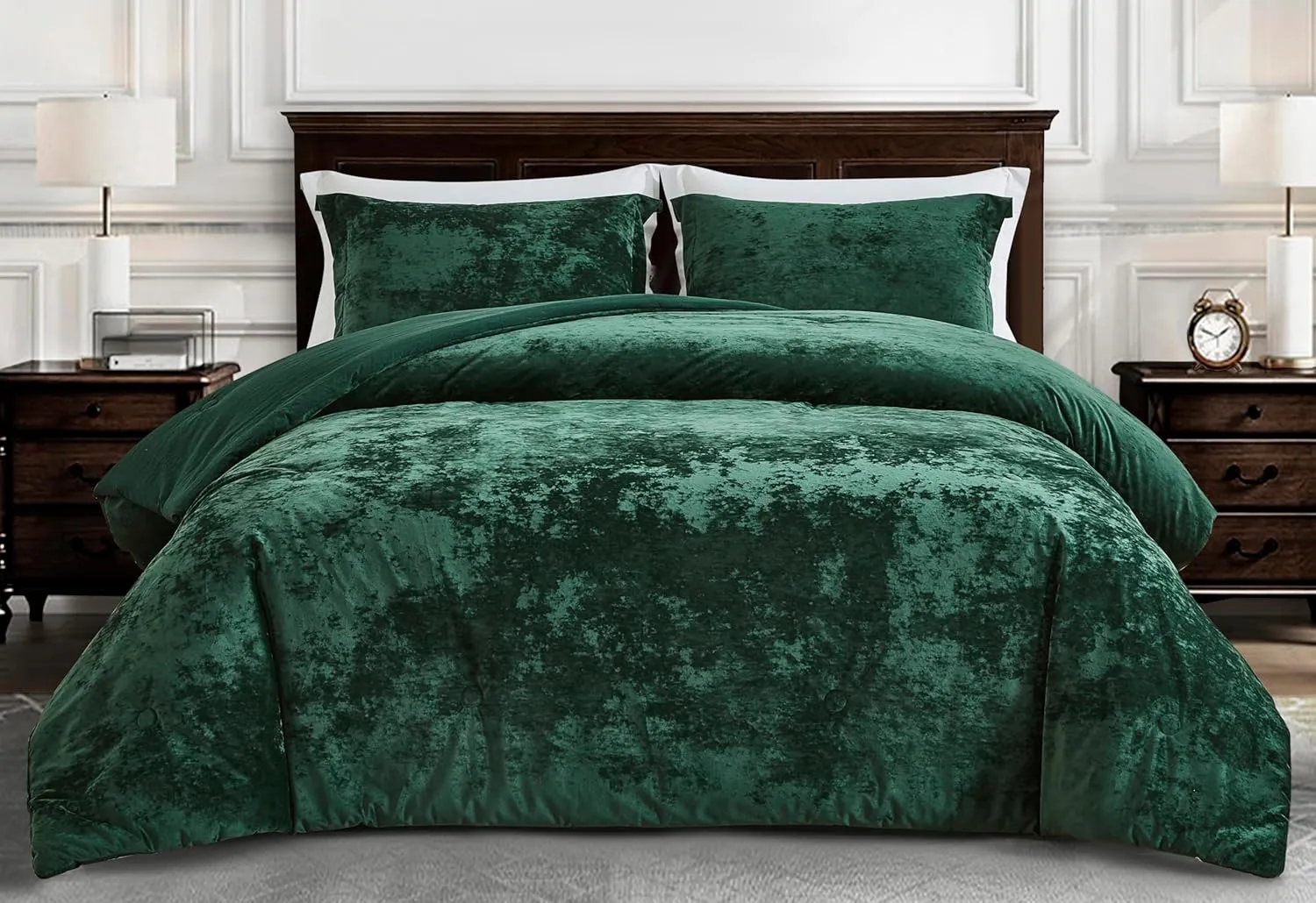 Chezmoi Collection Lux 3-Piece Forest Green Velvet Comforter Set Queen Size, All Season Lush Plush Velvet Bedding Set with Soft Washed Microfiber Reverse
