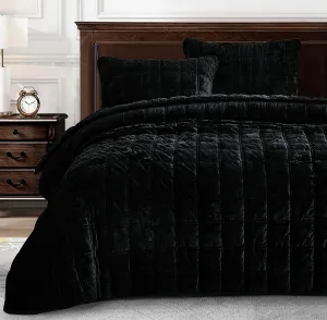 Chezmoi Collection Piers Black Velvet Quilt Oversized King Set, 3-Piece Lush Plush Distressed Velvet Bedding All Season Lightweight Comforter - Brushed Microfiber Reverse with Double Square Stitch