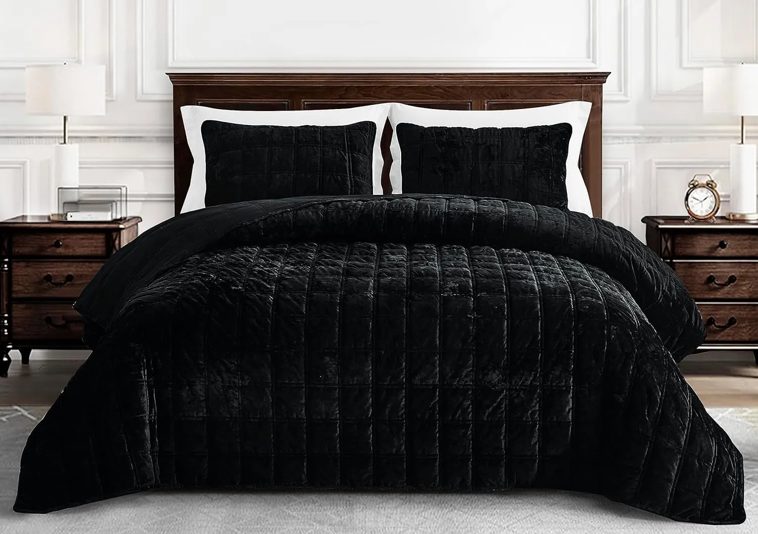 Chezmoi Collection Piers Black Velvet Quilt Oversized King Set, 3-Piece Lush Plush Distressed Velvet Bedding All Season Lightweight Comforter - Brushed Microfiber Reverse with Double Square Stitch