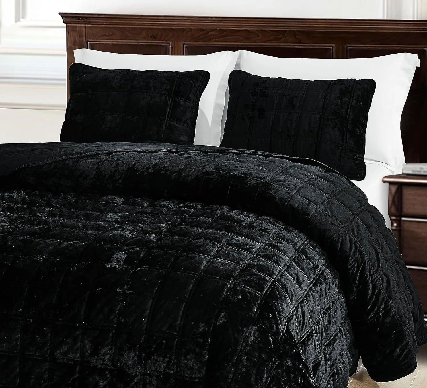 Chezmoi Collection Piers Black Velvet Quilt Oversized King Set, 3-Piece Lush Plush Distressed Velvet Bedding All Season Lightweight Comforter - Brushed Microfiber Reverse with Double Square Stitch