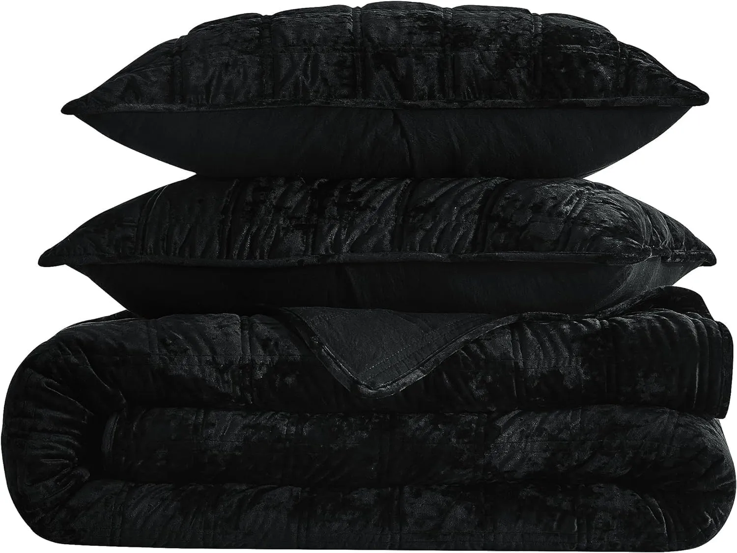 Chezmoi Collection Piers Black Velvet Quilt Oversized King Set, 3-Piece Lush Plush Distressed Velvet Bedding All Season Lightweight Comforter - Brushed Microfiber Reverse with Double Square Stitch