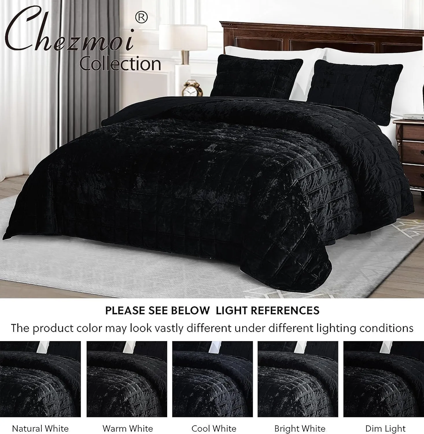 Chezmoi Collection Piers Black Velvet Quilt Oversized King Set, 3-Piece Lush Plush Distressed Velvet Bedding All Season Lightweight Comforter - Brushed Microfiber Reverse with Double Square Stitch