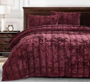 Chezmoi Collection Piers Burgundy Velvet Quilt Oversized King Set, 3-Piece Plush Distressed Velvet Bedding All Season Lightweight Comforter - Brushed Microfiber Reverse with Double Square Stitch