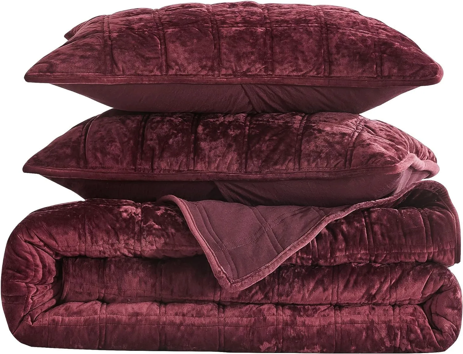 Chezmoi Collection Piers Burgundy Velvet Quilt Oversized King Set, 3-Piece Plush Distressed Velvet Bedding All Season Lightweight Comforter - Brushed Microfiber Reverse with Double Square Stitch