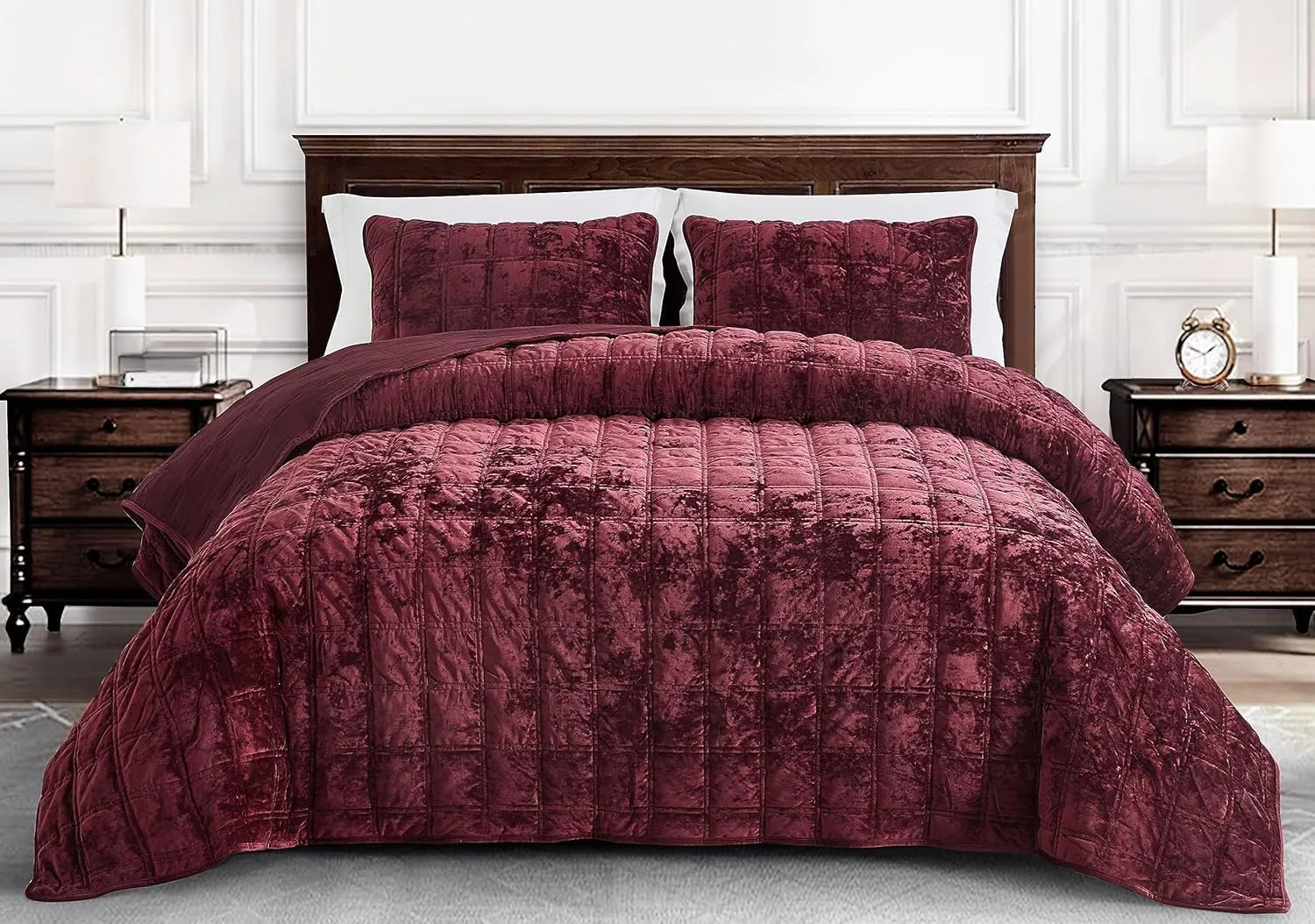 Chezmoi Collection Piers Burgundy Velvet Quilt Oversized King Set, 3-Piece Plush Distressed Velvet Bedding All Season Lightweight Comforter - Brushed Microfiber Reverse with Double Square Stitch