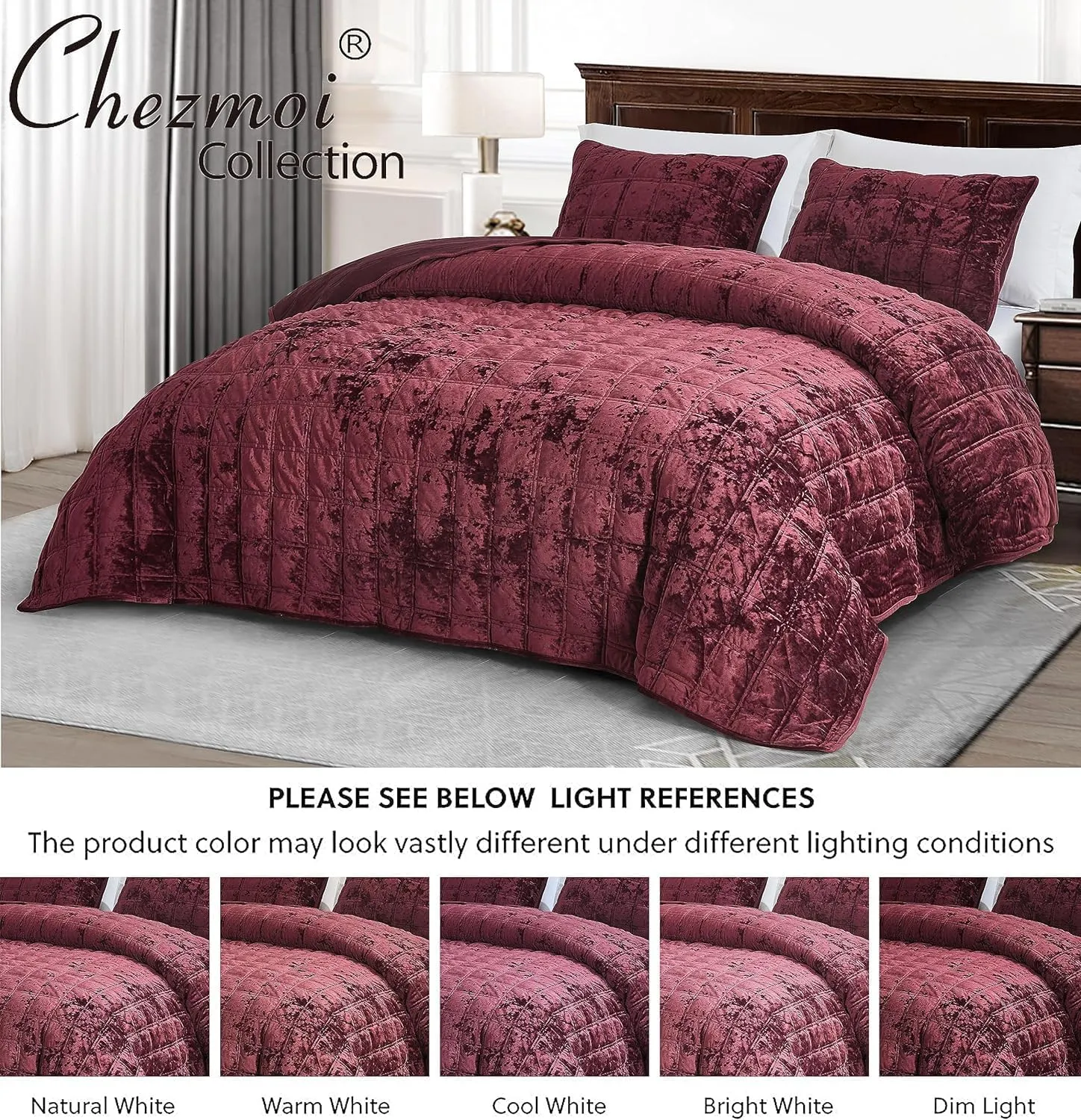 Chezmoi Collection Piers Burgundy Velvet Quilt Oversized King Set, 3-Piece Plush Distressed Velvet Bedding All Season Lightweight Comforter - Brushed Microfiber Reverse with Double Square Stitch