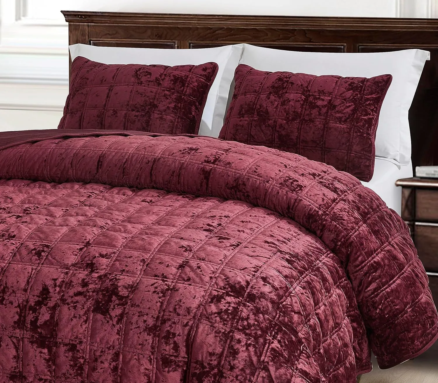 Chezmoi Collection Piers Burgundy Velvet Quilt Oversized King Set, 3-Piece Plush Distressed Velvet Bedding All Season Lightweight Comforter - Brushed Microfiber Reverse with Double Square Stitch