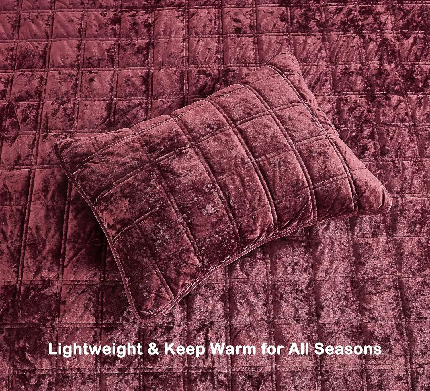 Chezmoi Collection Piers Burgundy Velvet Quilt Oversized King Set, 3-Piece Plush Distressed Velvet Bedding All Season Lightweight Comforter - Brushed Microfiber Reverse with Double Square Stitch