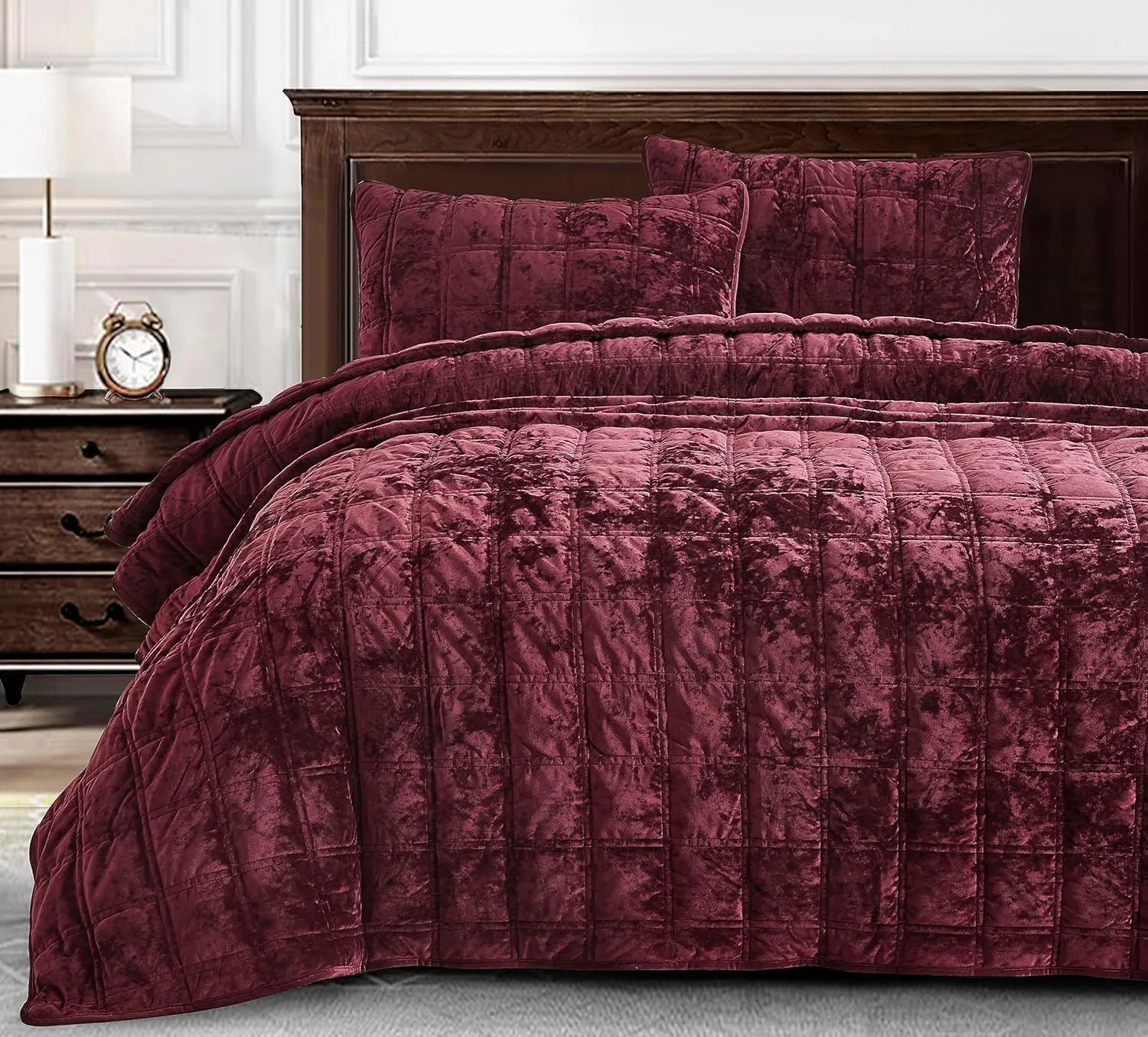 Chezmoi Collection Piers Burgundy Velvet Quilt Oversized King Set, 3-Piece Plush Distressed Velvet Bedding All Season Lightweight Comforter - Brushed Microfiber Reverse with Double Square Stitch