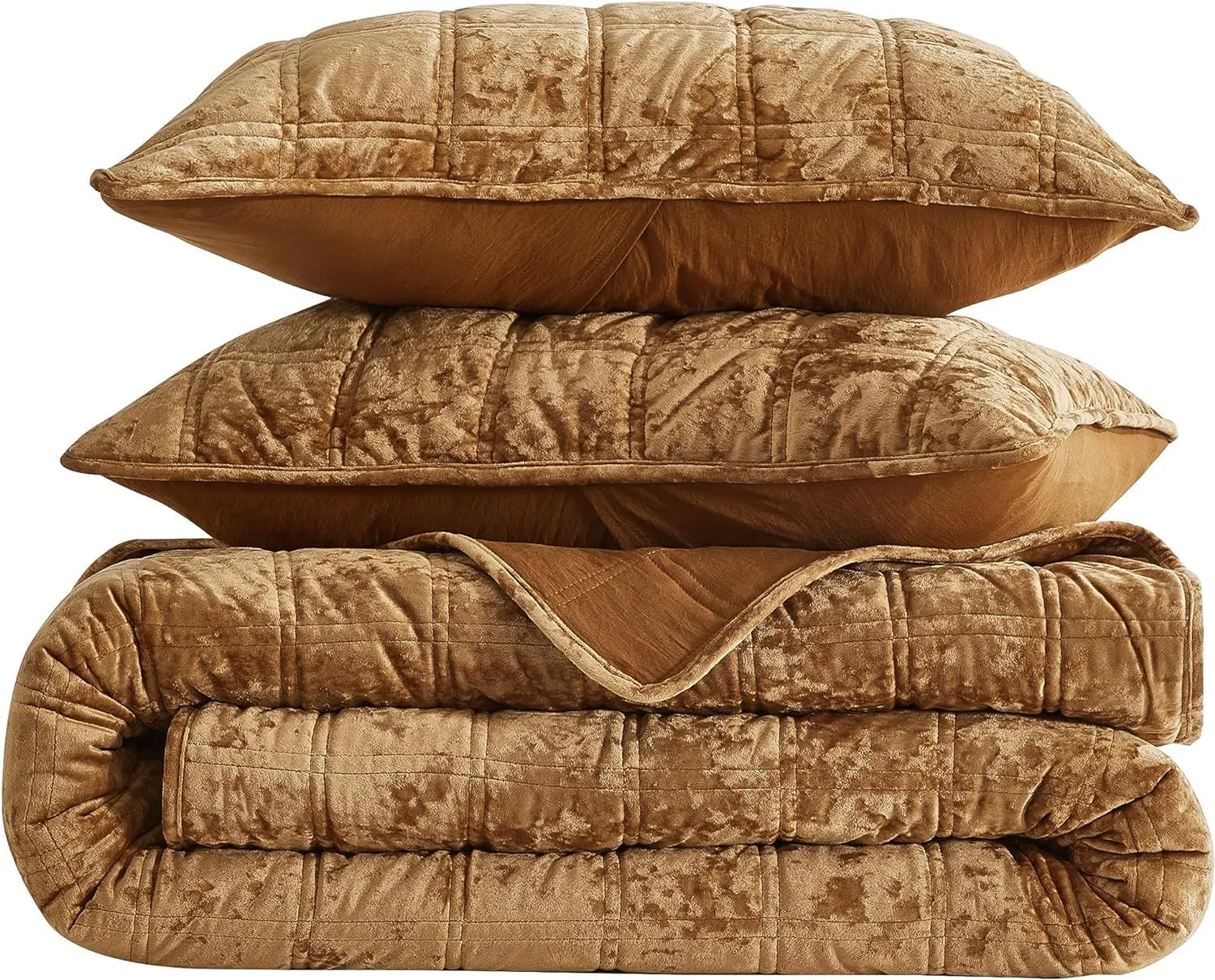 Chezmoi Collection Piers Caramel Gold Velvet Quilt Oversized King Set, 3-Piece Plush Distressed Velvet Bedding All Season Lightweight Comforter - Brushed Microfiber Reverse with Double Square Stitch