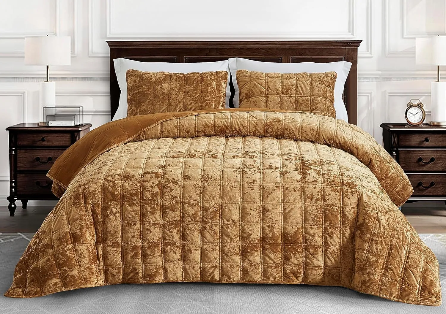 Chezmoi Collection Piers Caramel Gold Velvet Quilt Oversized King Set, 3-Piece Plush Distressed Velvet Bedding All Season Lightweight Comforter - Brushed Microfiber Reverse with Double Square Stitch