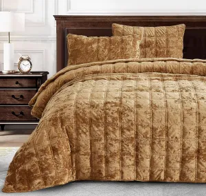 Chezmoi Collection Piers Caramel Gold Velvet Quilt Oversized King Set, 3-Piece Plush Distressed Velvet Bedding All Season Lightweight Comforter - Brushed Microfiber Reverse with Double Square Stitch