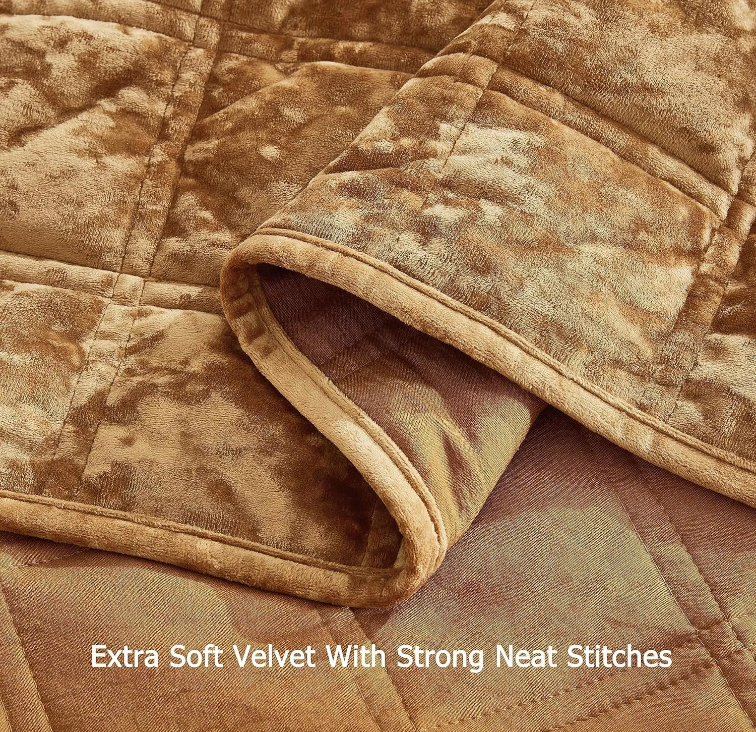 Chezmoi Collection Piers Caramel Gold Velvet Quilt Oversized King Set, 3-Piece Plush Distressed Velvet Bedding All Season Lightweight Comforter - Brushed Microfiber Reverse with Double Square Stitch