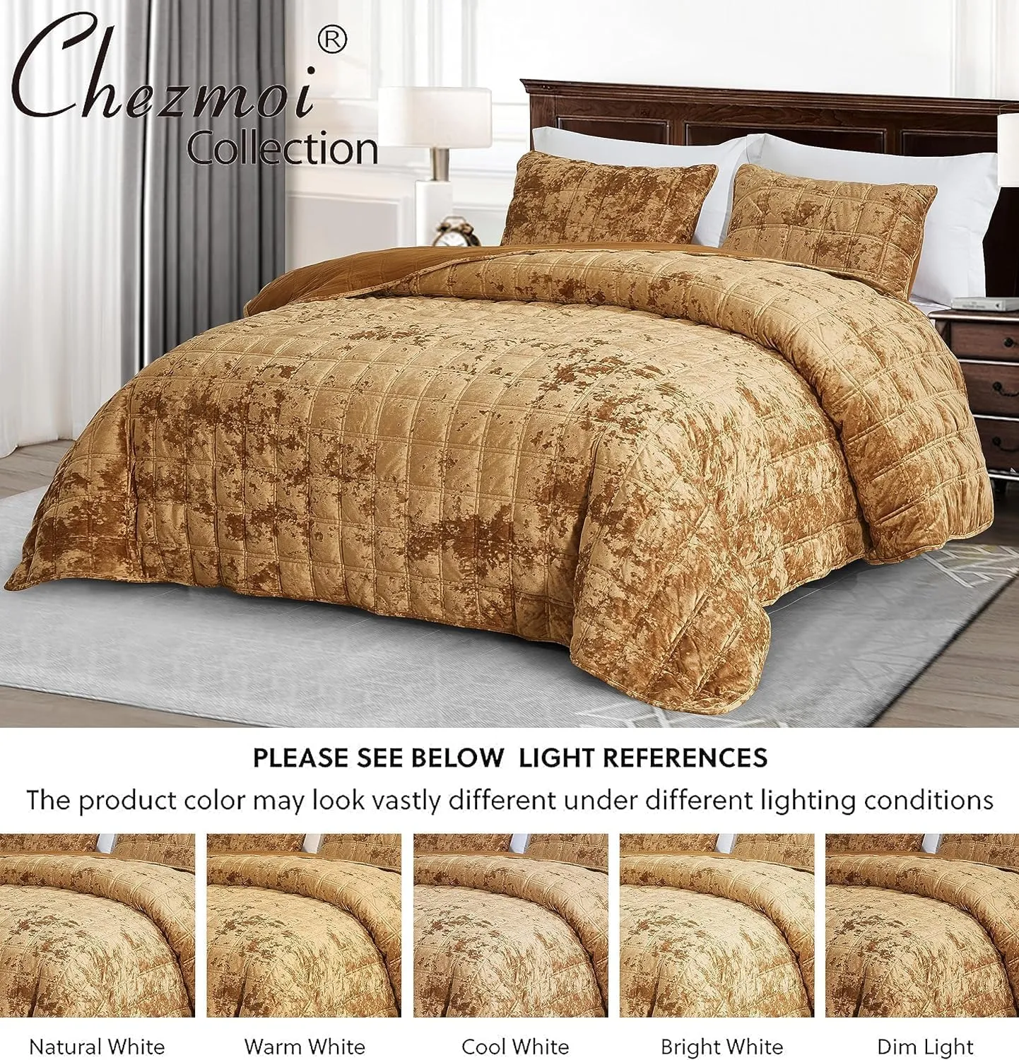 Chezmoi Collection Piers Caramel Gold Velvet Quilt Oversized King Set, 3-Piece Plush Distressed Velvet Bedding All Season Lightweight Comforter - Brushed Microfiber Reverse with Double Square Stitch