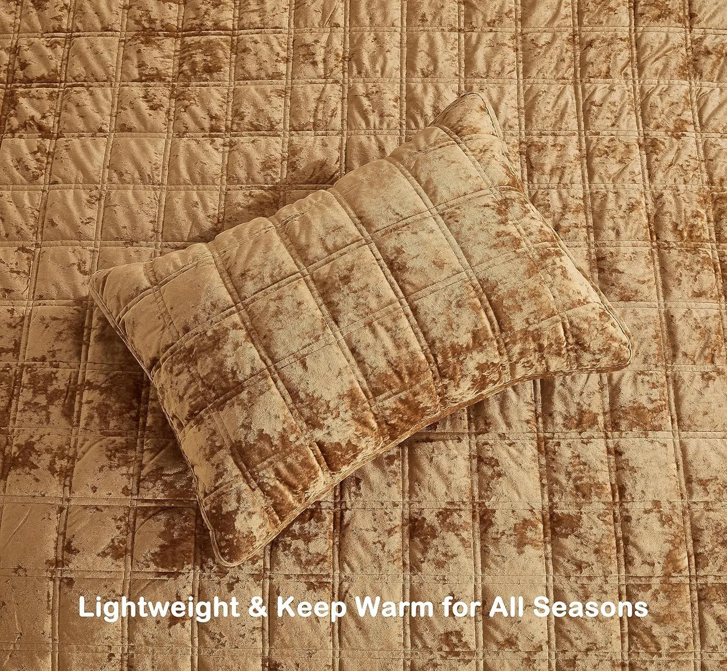Chezmoi Collection Piers Caramel Gold Velvet Quilt Oversized King Set, 3-Piece Plush Distressed Velvet Bedding All Season Lightweight Comforter - Brushed Microfiber Reverse with Double Square Stitch