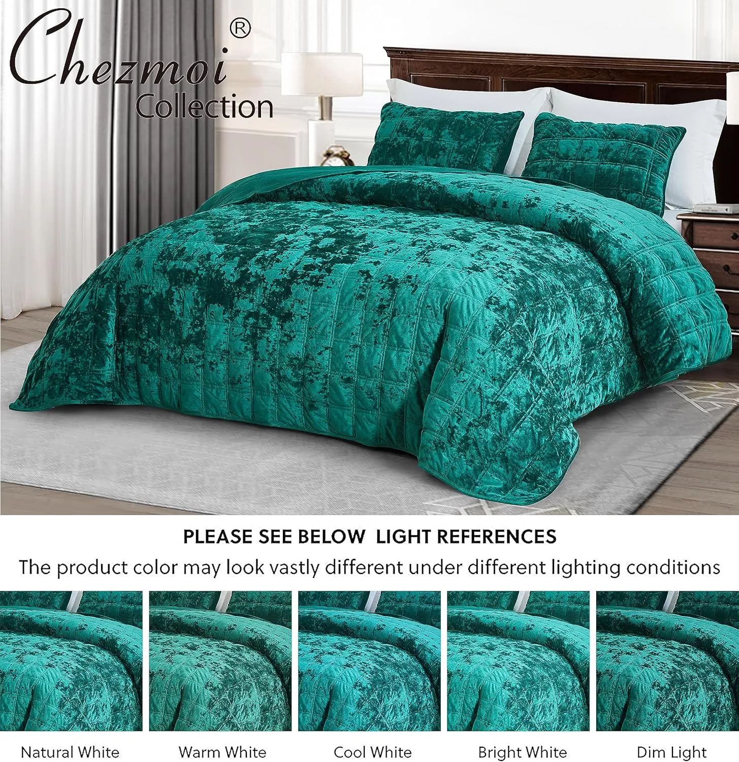 Chezmoi Collection Piers Emerald Green Velvet Quilt Queen Set, 3-Piece Lush Plush Distressed Velvet Bedding All Season Lightweight Comforter - Brushed Microfiber Reverse with Double Square Stitch