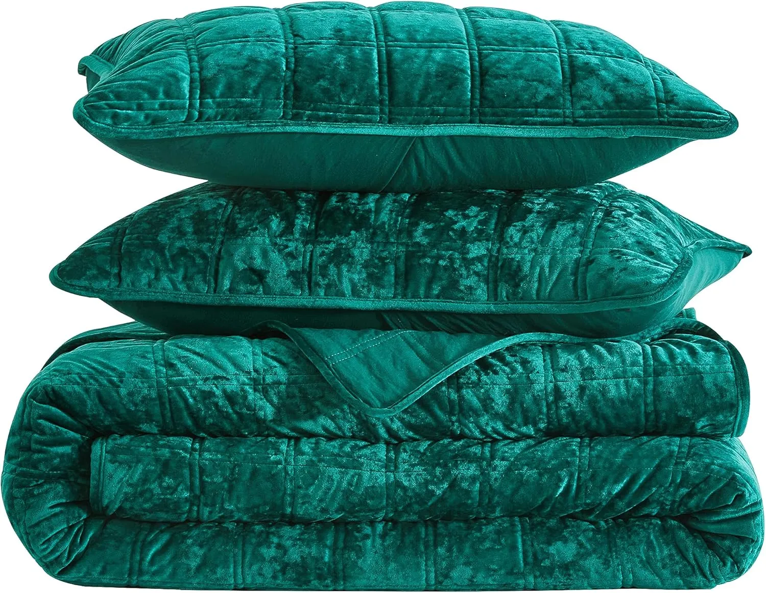 Chezmoi Collection Piers Emerald Green Velvet Quilt Queen Set, 3-Piece Lush Plush Distressed Velvet Bedding All Season Lightweight Comforter - Brushed Microfiber Reverse with Double Square Stitch