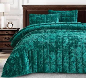 Chezmoi Collection Piers Emerald Green Velvet Quilt Queen Set, 3-Piece Lush Plush Distressed Velvet Bedding All Season Lightweight Comforter - Brushed Microfiber Reverse with Double Square Stitch