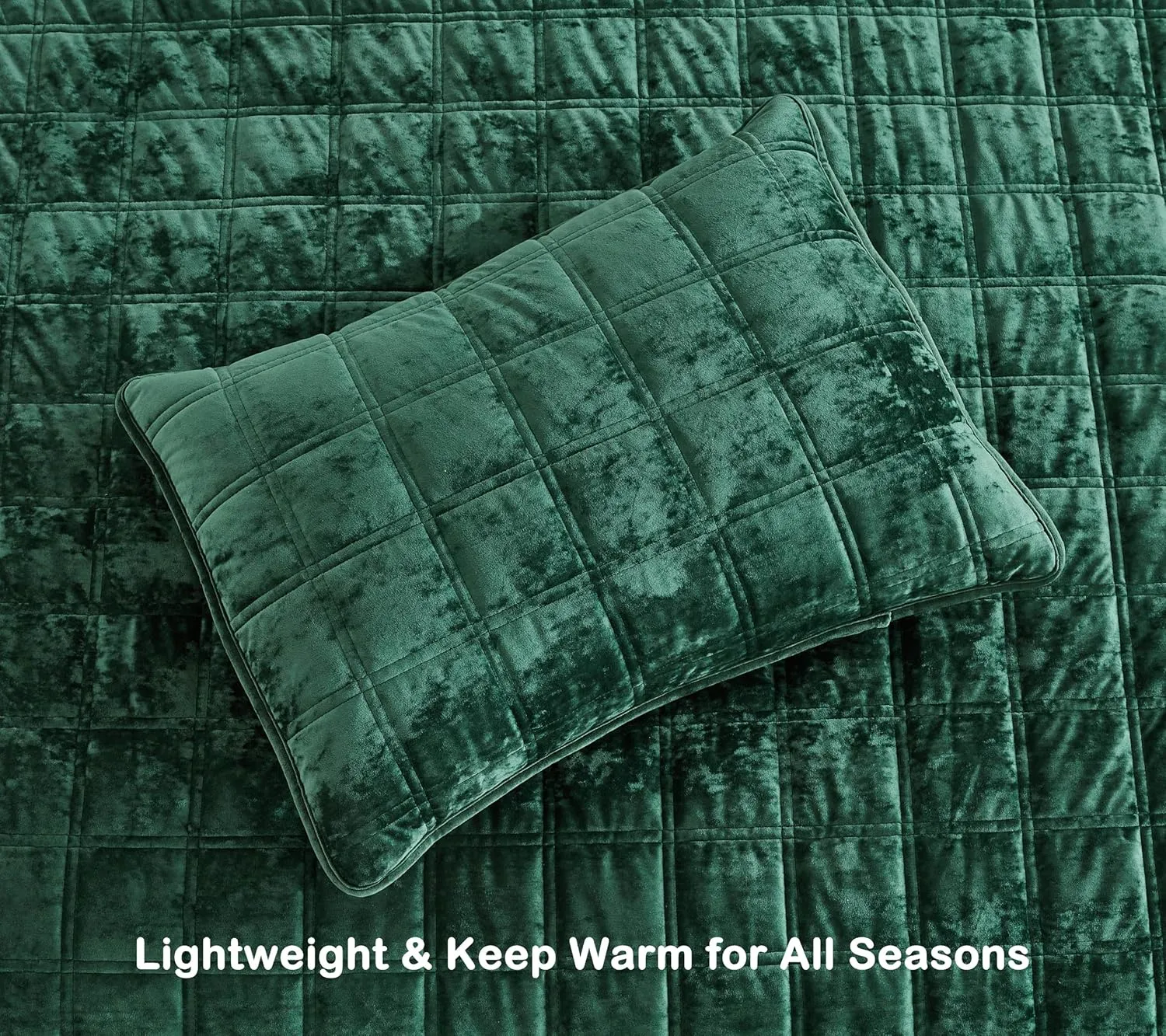 Chezmoi Collection Piers Forest Green Velvet Quilt Oversized King Set, 3-Piece Plush Distressed Velvet Bedding All Season Lightweight Comforter - Brushed Microfiber Reverse with Double Square Stitch