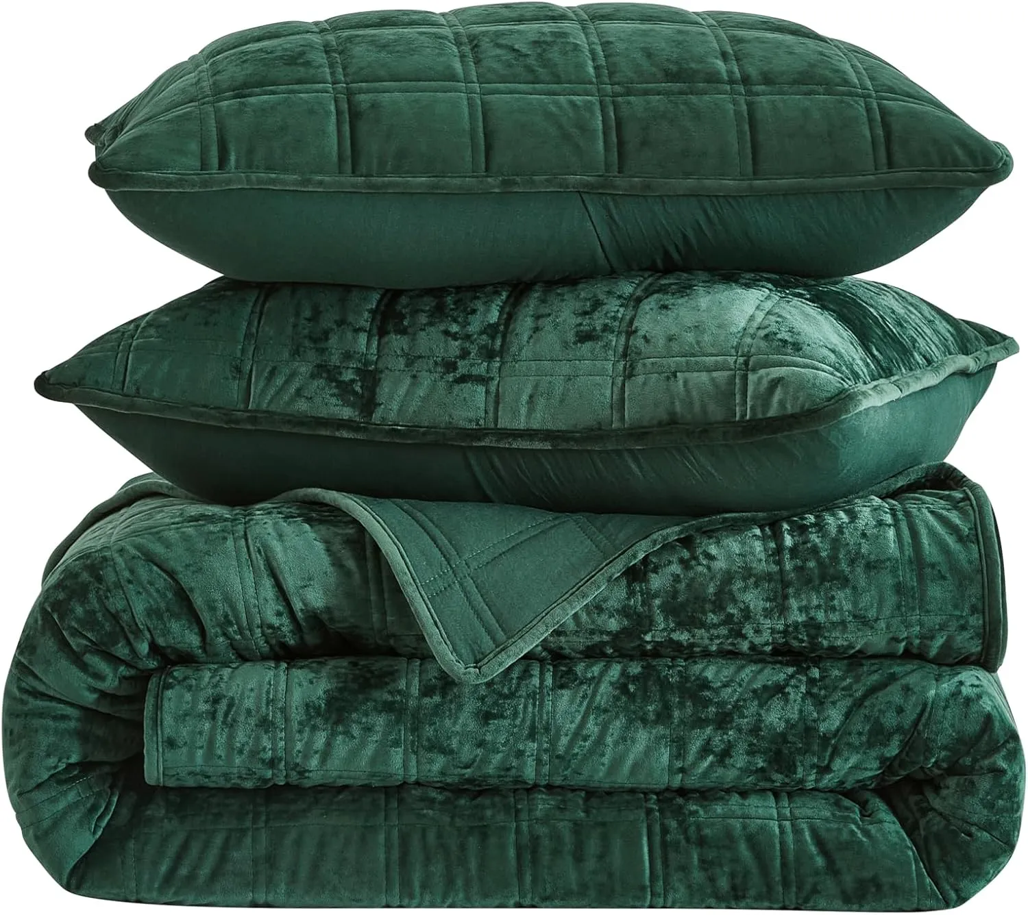 Chezmoi Collection Piers Forest Green Velvet Quilt Oversized King Set, 3-Piece Plush Distressed Velvet Bedding All Season Lightweight Comforter - Brushed Microfiber Reverse with Double Square Stitch