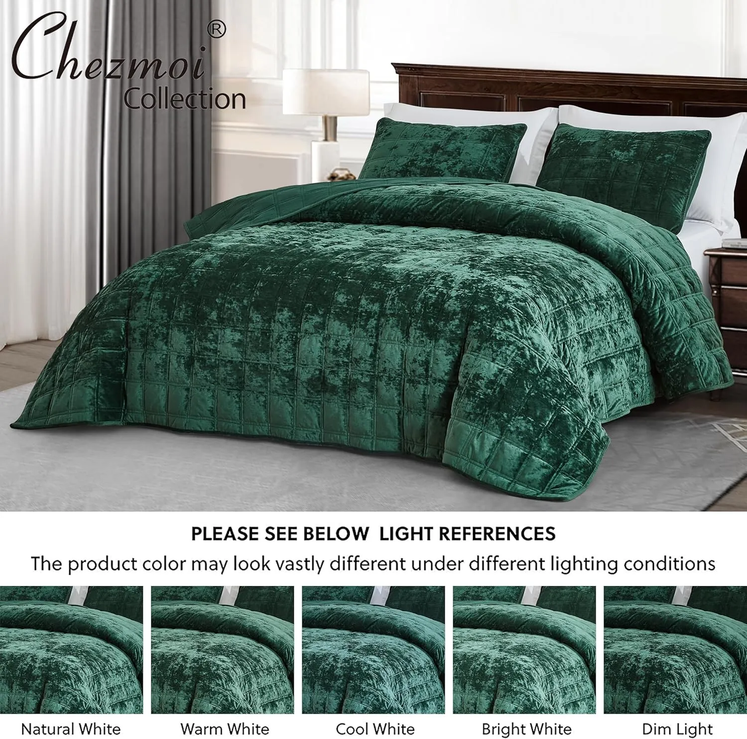 Chezmoi Collection Piers Forest Green Velvet Quilt Oversized King Set, 3-Piece Plush Distressed Velvet Bedding All Season Lightweight Comforter - Brushed Microfiber Reverse with Double Square Stitch