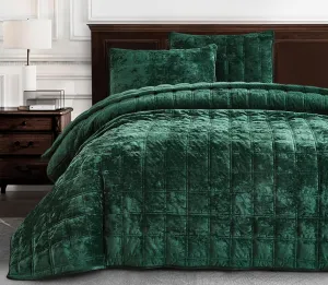 Chezmoi Collection Piers Forest Green Velvet Quilt Oversized King Set, 3-Piece Plush Distressed Velvet Bedding All Season Lightweight Comforter - Brushed Microfiber Reverse with Double Square Stitch