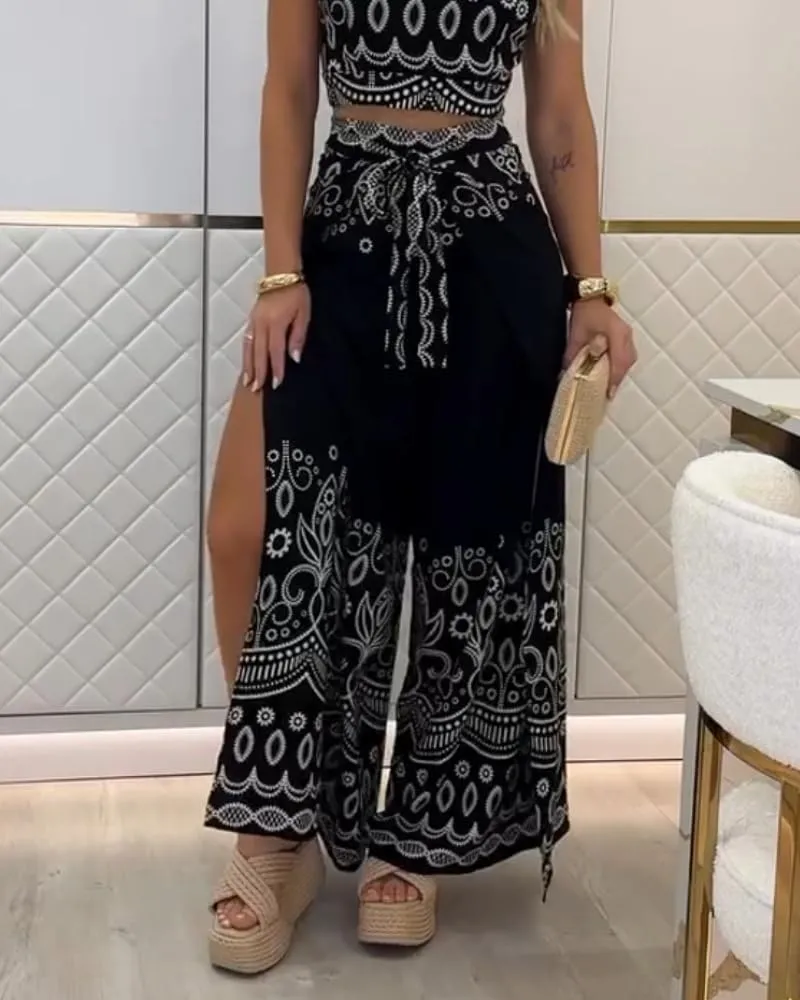 CHICME Women 2 Piece Outfits Tribal Print Sleeveless Criss Cross Crop Top and Casual Slit Wide Leg Pants Set
