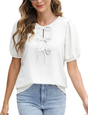 CiCiBird Womens Dressy Casual Shirt Summer Work Blouses Tie Front Puff Short Sleeve Tops
