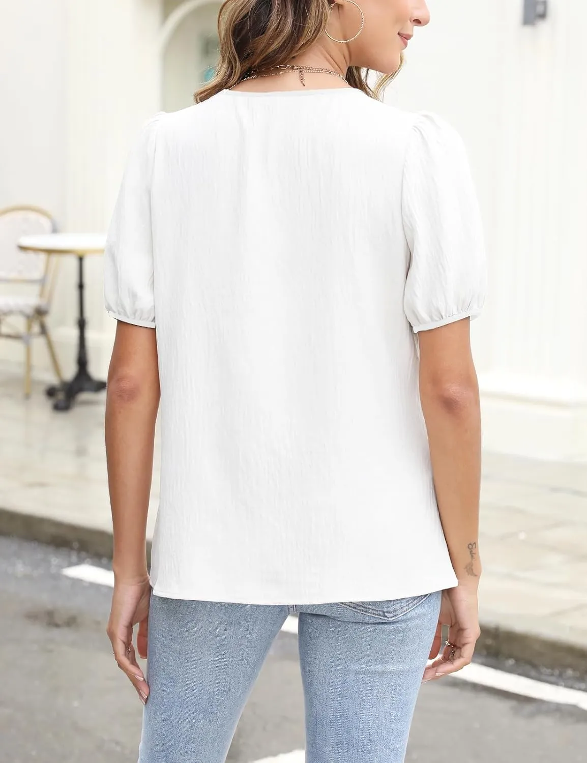 CiCiBird Womens Dressy Casual Shirt Summer Work Blouses Tie Front Puff Short Sleeve Tops