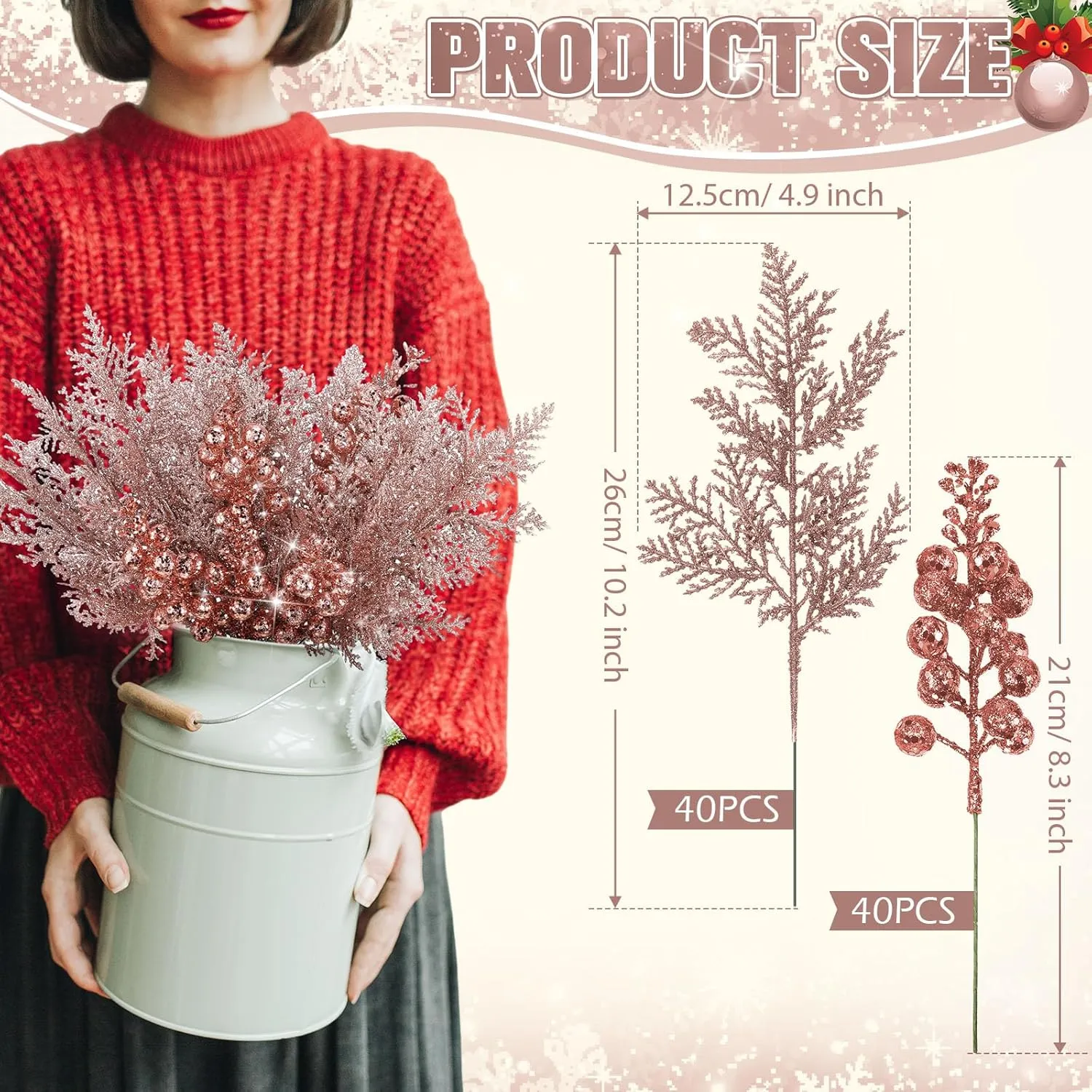 Cindeer 80 Pcs Rose Gold Christmas Glitter Berries Stems Pine Needles Christmas Artificial Picks Fake Floral Twig Spray for Xmas Tree Ornaments DIY Wreath Garland Decorations