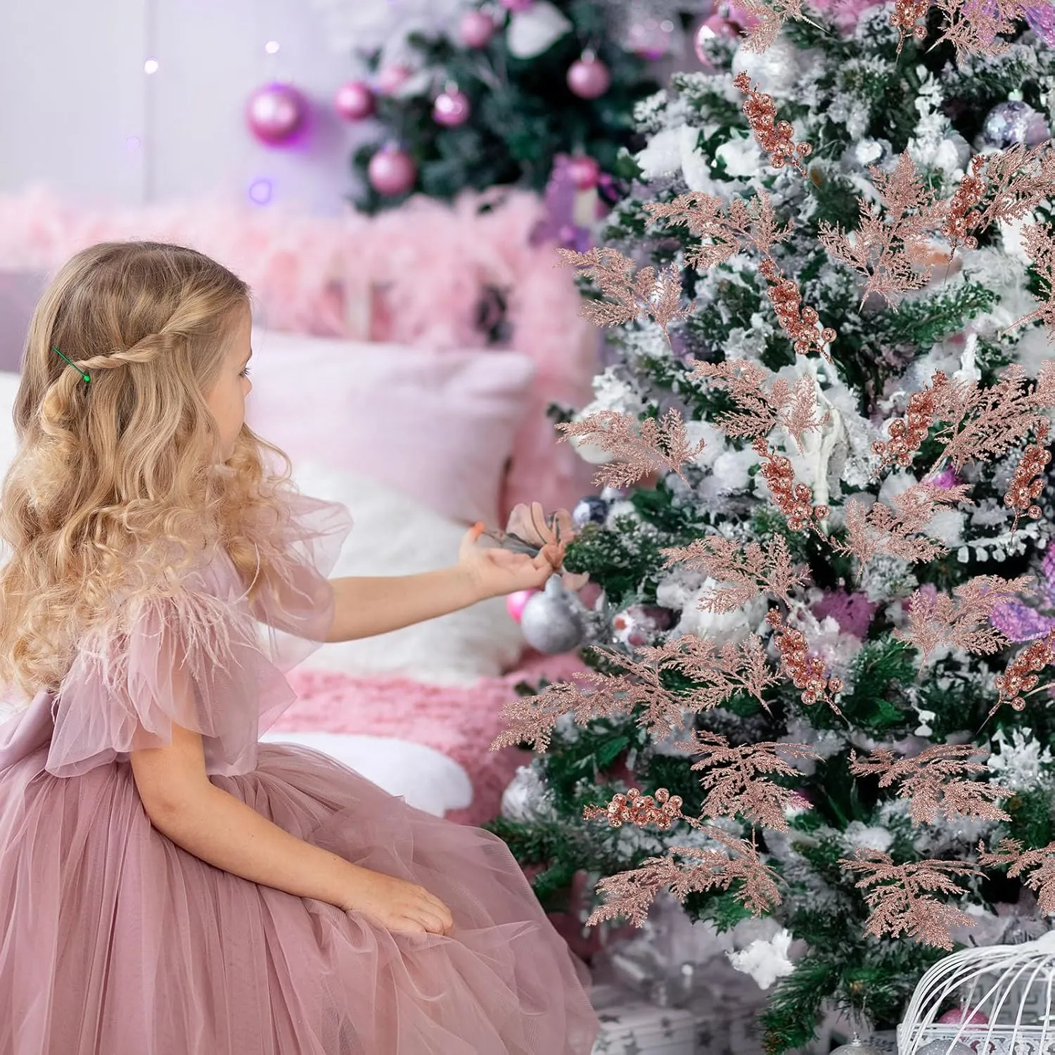 Cindeer 80 Pcs Rose Gold Christmas Glitter Berries Stems Pine Needles Christmas Artificial Picks Fake Floral Twig Spray for Xmas Tree Ornaments DIY Wreath Garland Decorations