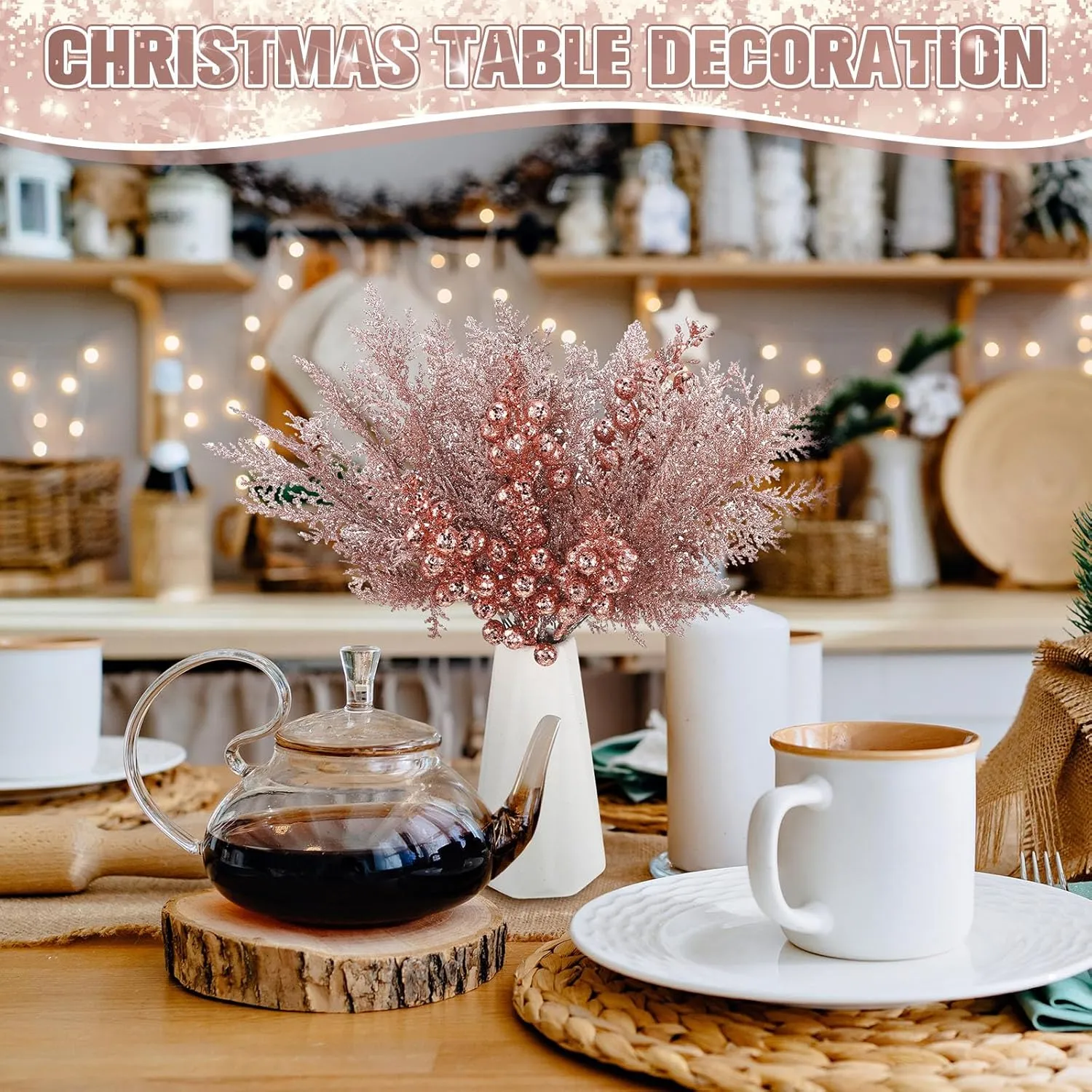 Cindeer 80 Pcs Rose Gold Christmas Glitter Berries Stems Pine Needles Christmas Artificial Picks Fake Floral Twig Spray for Xmas Tree Ornaments DIY Wreath Garland Decorations